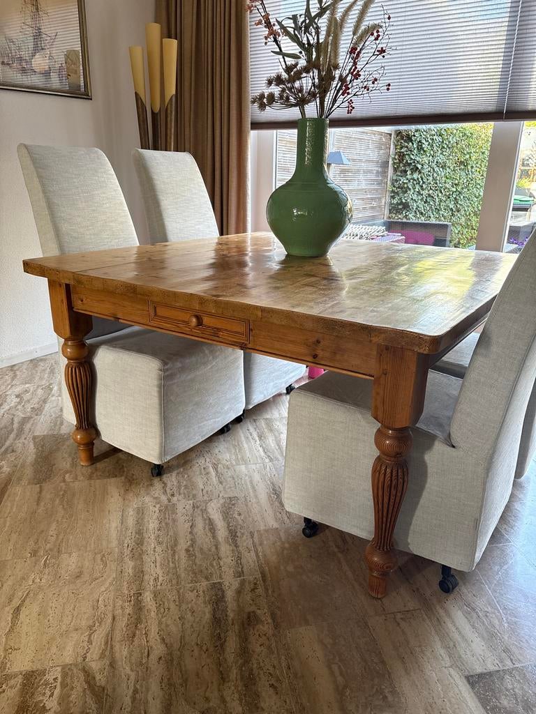 Houten grenen vierkante eettafel met lade, Huis en Inrichting, Tafels | Eettafels, Ophalen, Gebruikt, Vier personen, Rechthoekig