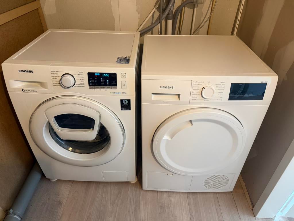 Samsung Wasmachine 9 kilo eco bubble en siemens wasdroger, Ophalen, 1200 tot 1600 toeren, 8 tot 10 kg, Zo goed als nieuw
