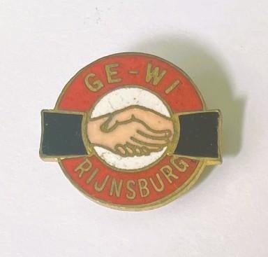 GE-WI Rijnsburg - verzekeringen - oude emaille knoopspeld, Verzamelen, Verzenden, Gebruikt, Merk, Speldje of Pin