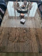 Salontafel met glazen blad en houten onderstel, Ophalen of Verzenden