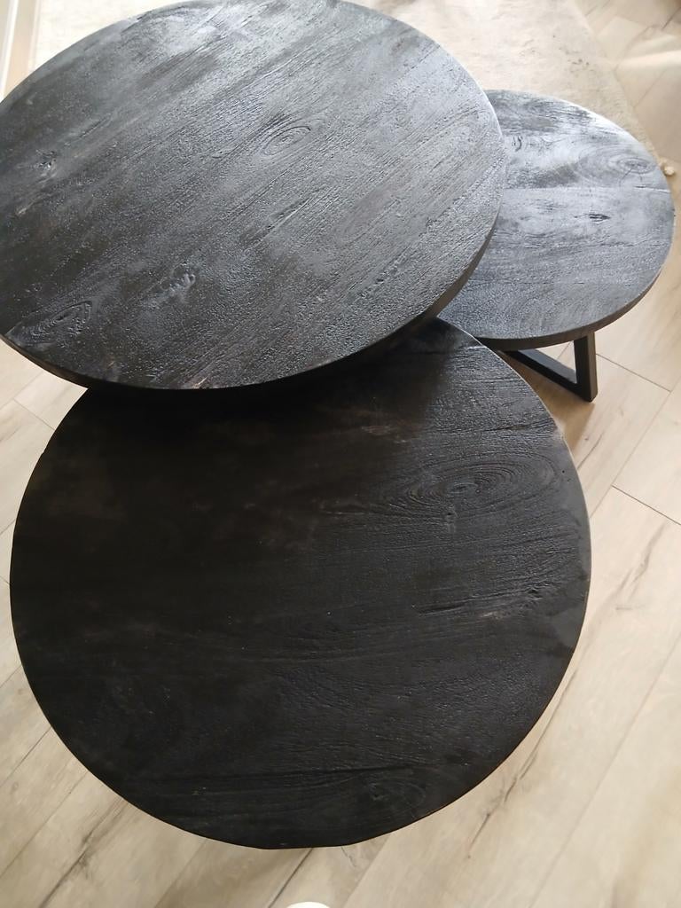 3-delige Salontafelset Mangohout met Zwart Metalen Frame, Huis en Inrichting, Tafels | Salontafels, Ophalen