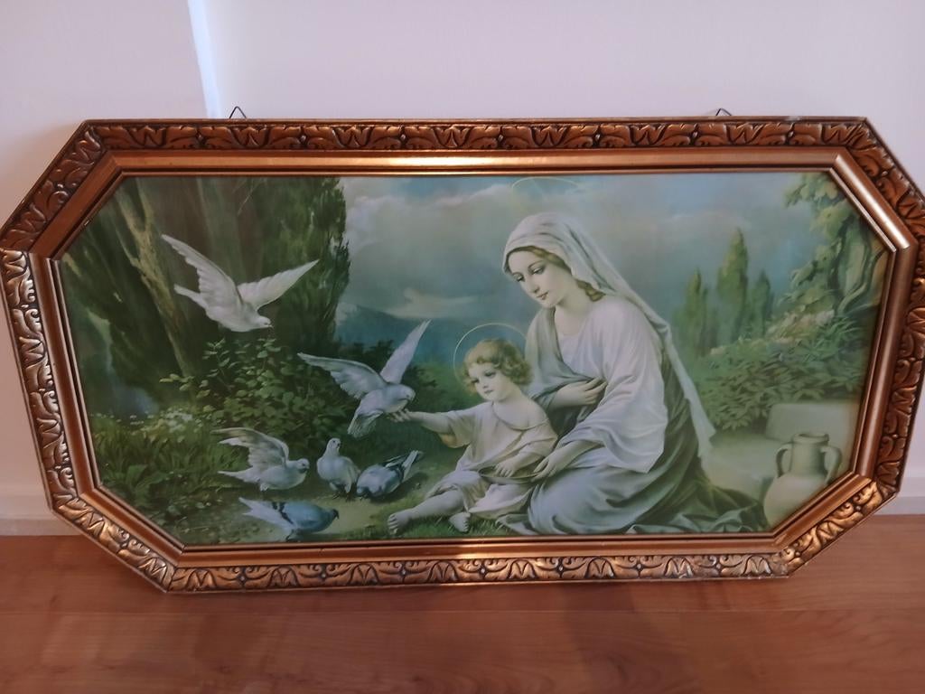 Antiek schilderij Maria met Jezus en duiven, Ophalen of Verzenden