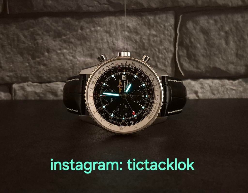 Breitling Navitimer World GMT 46mm, set 2010, Leer, Staal, Breitling, Polshorloge