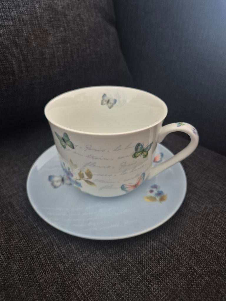 Mooie grote kop en schotel met vlinderdecoratie, Ophalen of Verzenden, Porselein, Overige stijlen, Kop(pen) en/of Schotel(s)