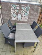 Tuintafel natuursteen blad met 4 kunststof relax stoelen, Ophalen, Gebruikt, Rechthoekig, Aluminium