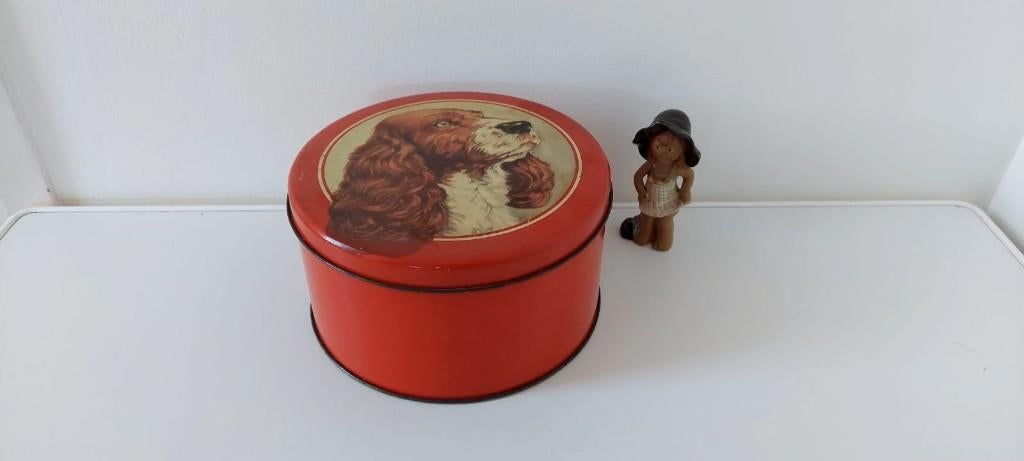 Vintage Lonka Ierse Setter koektrommel blik hond, Ophalen of Verzenden, Gebruikt, Koek(jes), Overige merken