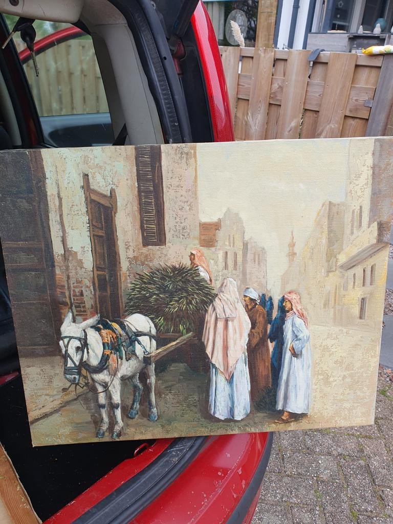 Schilderij met oosterse marktscène, Antiek en Kunst, Kunst | Schilderijen | Klassiek, Ophalen of Verzenden