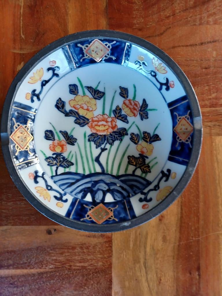 Vintage Japans porseleinen asbak/kom met tinrand, Ophalen of Verzenden