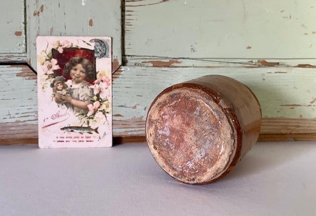 Antieke Franse geglazuurde pot confit pot midden bruin, Ophalen of Verzenden