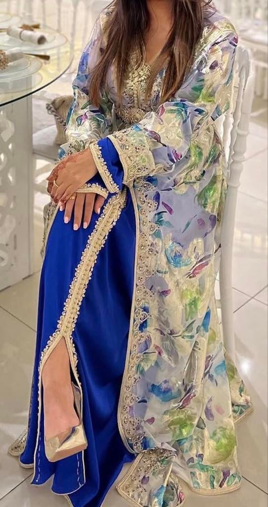 Prachtige Marokkaanse Kaftan - Blauw met bloemenprint, Maat 38/40 (M), Overige typen, Blauw, Ophalen of Verzenden