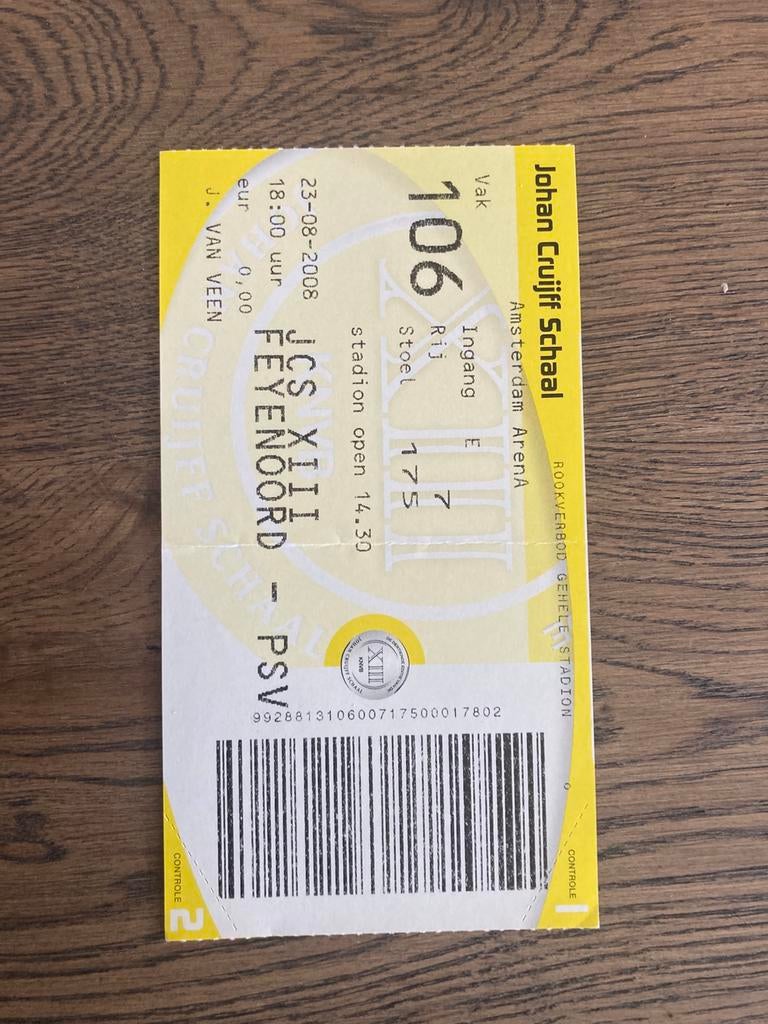 TICKET FEYENOORD-PSV JOHAN CRUIJFF SCHAAL 2008, Ophalen of Verzenden, Zo goed als nieuw, Feyenoord, Overige typen