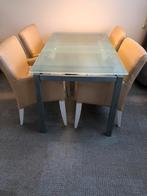 Eettafel (uitschuifbaar) van mat gehard glas/4-6 personen, Huis en Inrichting, Tafels | Eettafels, Ophalen, Gebruikt, 50 tot 100 cm