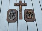 kruisbeeld + koperen hoofden jezus en maria, Antiek en Kunst, Ophalen of Verzenden
