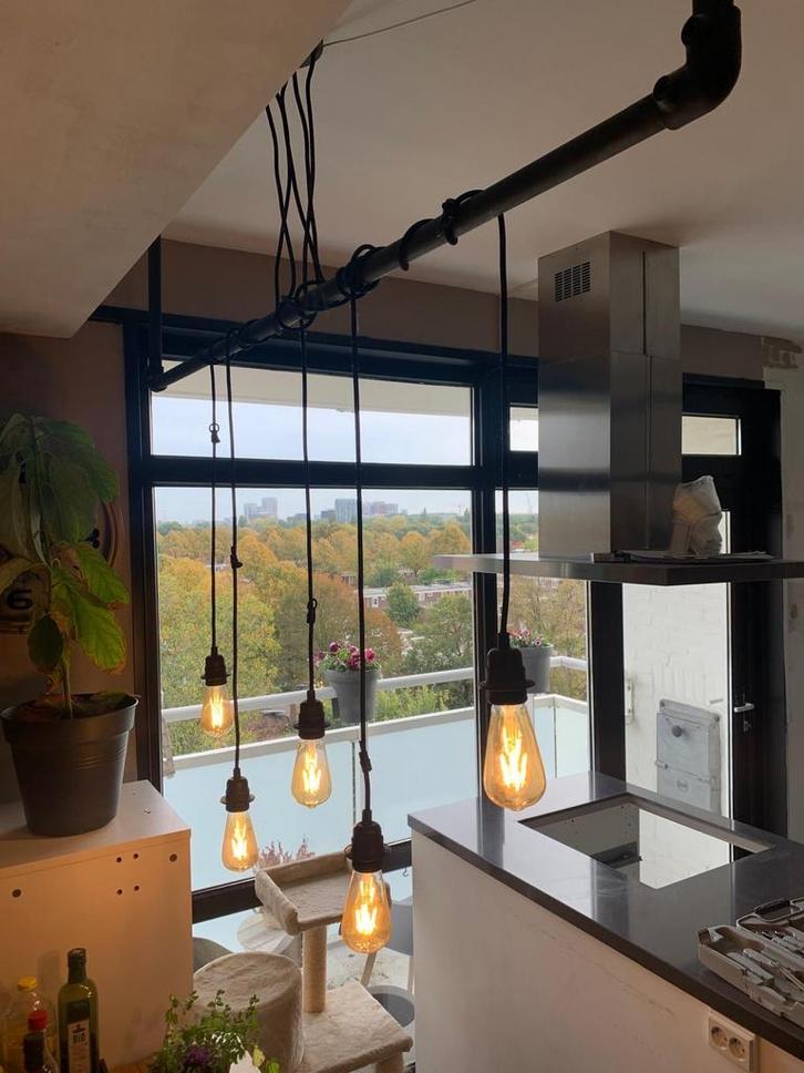 Industriële lamp met 3 lichtbronnen, Huis en Inrichting, Lampen | Hanglampen, Gebruikt, Minder dan 50 cm, Metaal, Ophalen