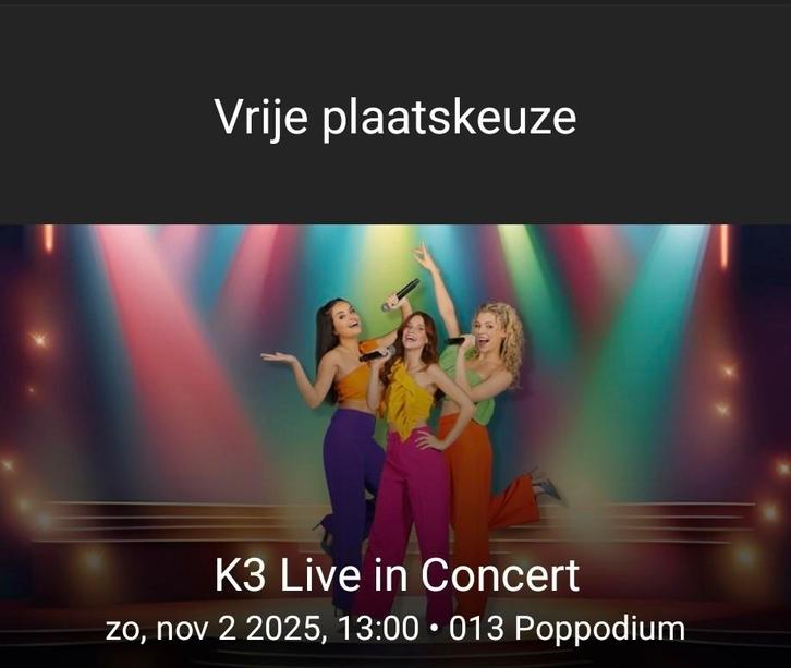 K3 Live in Concert tickets, vrije plaatskeuze, Tickets en Kaartjes, Concerten | Nederlandstalig, Twee personen, November, Overige typen