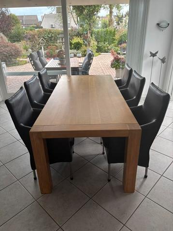 Zware EIKEN tafel 220L + 6x Designstoel LEER beschikbaar voor biedingen