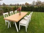 Tafel L220 x B85 x H75, 6 stoelen + kussens, Huis en Inrichting, Stoelen, Wit, Scandinavisch, Ophalen of Verzenden, Zo goed als nieuw