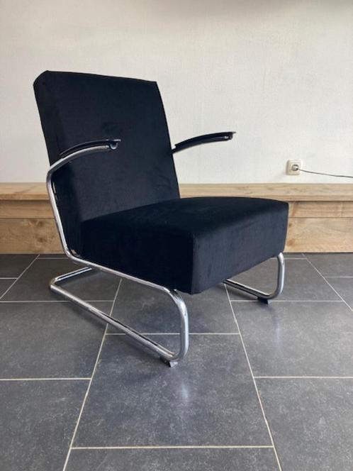 Gispen 405 fauteuil, chroom, zwarte ribstof, Huis en Inrichting, Fauteuils, Zo goed als nieuw, Metaal, Stof, 50 tot 75 cm, Minder dan 75 cm