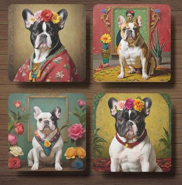 Franse Bulldog Frida Kahlo onderzetters met houder beschikbaar voor biedingen