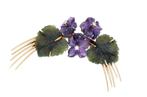 14 Kt gouden bloemen broche met jade, amethist, diamant, Ophalen of Verzenden, Goud, Broche, Met edelsteen