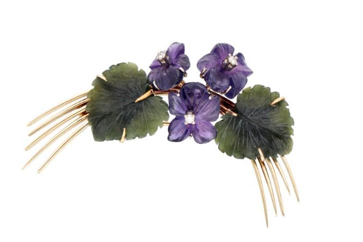 14 Kt gouden bloemen broche met jade, amethist, diamant, Sieraden, Tassen en Uiterlijk, Antieke sieraden, Broche, Goud, Met edelsteen