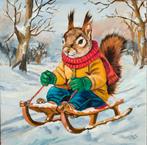 Schilderij eekhoorn op slee, Ophalen of Verzenden