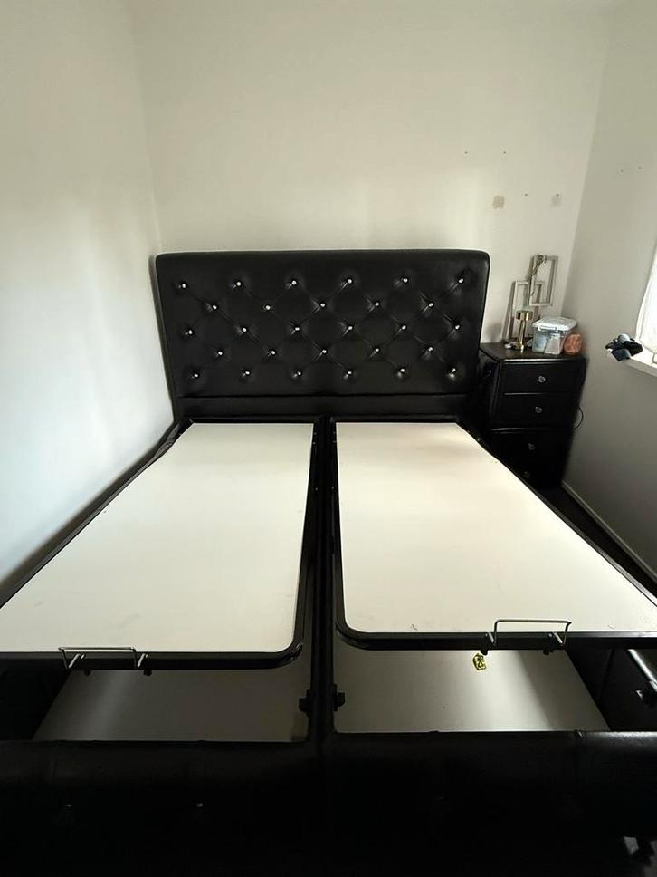 Zwart Bed met Opbergruimte & Nachtkastjes, Huis en Inrichting, Slaapkamer | Bedden, Zo goed als nieuw, Tweepersoons, 160 cm, 200 cm