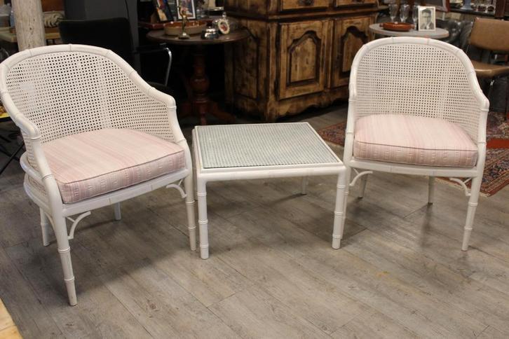 Brocante - Gezellig zitje voor in de serre!, Huis en Inrichting, Banken | Complete zithoeken, Gebruikt, Hout, Riet of Rotan, Stof