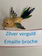 Zilver emaille parel broche vogel, Verzenden, Zilver