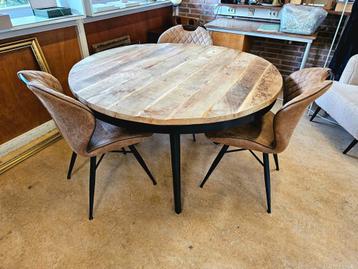 Ronde mango eettafel met 3 stoelen - Industrieel design beschikbaar voor biedingen