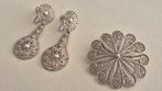 Zilveren filigrain broche en oorbellen, Verzenden, Zilver