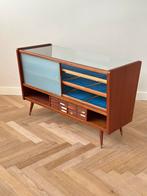 Vintage vitrine toonbank winkel teak hout jaren 50/60/70, Ophalen, Gebruikt, 100 tot 150 cm, Metaal