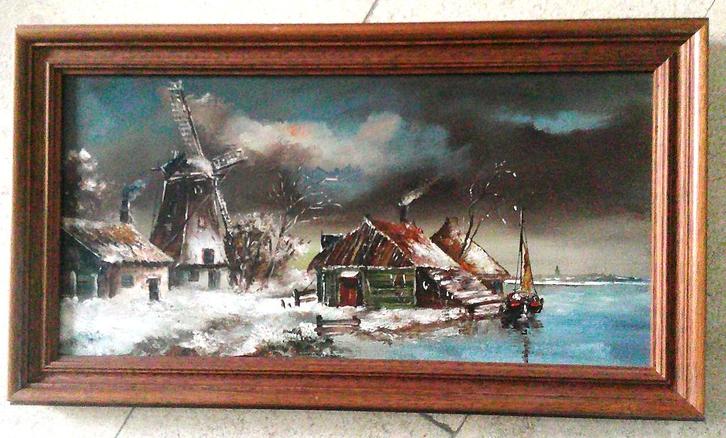 Wintergezicht met molen aan het water - ca. 1960, Antiek en Kunst, Kunst | Schilderijen | Klassiek, Ophalen of Verzenden