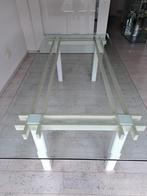Glazen tafel met wit kunstof onderstel, Huis en Inrichting, Tafels | Eettafels, 200 cm of meer, Gebruikt, Rechthoekig, Ophalen