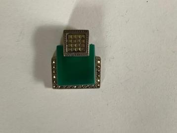 Zilveren hanger: groene agaat en marcasiet. Stijl Art Deco beschikbaar voor biedingen