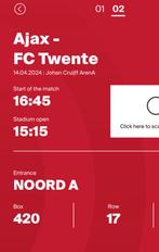 Kaarten Ajax - FC Twente, Tickets en Kaartjes, April, Losse kaart, Twee personen