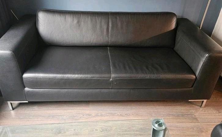 Mooie Zwarte Leren Bank design vintage, Huis en Inrichting, Banken | Sofa's en Chaises Longues, Gebruikt, Driepersoons, 200 tot 250 cm