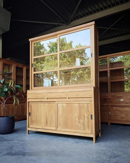 Greeploze Schoolkast | Winkelkast | Vitrinekast teak #2033, Huis en Inrichting, Kasten | Buffetkasten, 200 cm of meer, 150 tot 200 cm