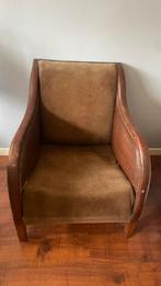 Antieke cognac leren fauteuil met bruine stof, Ophalen of Verzenden