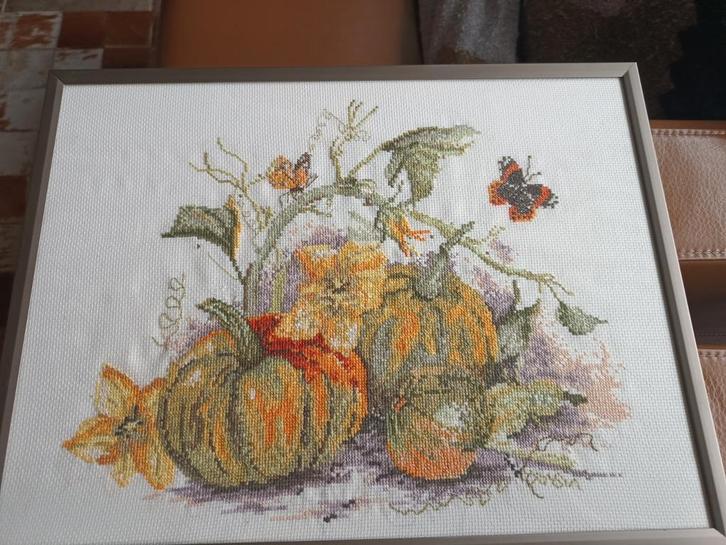 Geborduurd Schilderij met Pompoenen en Vlinders, Hobby en Vrije tijd, Borduren en Borduurmachines, Zo goed als nieuw, Overige typen