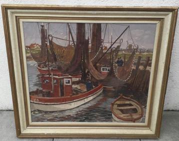 oud schilderij met vissersboten beschikbaar voor biedingen