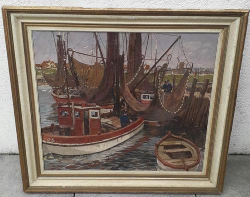 oud schilderij met vissersboten, Antiek en Kunst, Kunst | Schilderijen | Klassiek, Ophalen