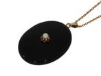 14k gouden onyx diamant parel foto medaillon hanger antiek, Goud, Hanger, Met edelsteen, Ophalen of Verzenden