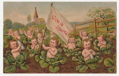 Baby's komen uit kolen.  Leve de vrijheid !   Reliëfkaart., Verzamelen, Ansichtkaarten | Themakaarten, Ongelopen, Voor 1920, Overige thema's