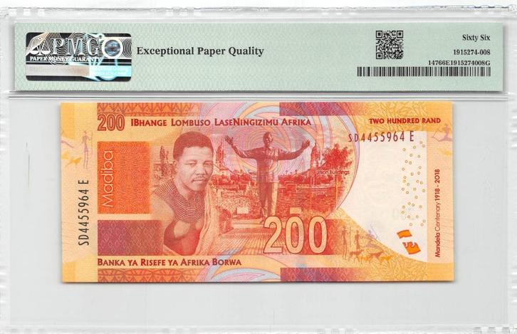 South Africa 200 Rand 2018 Unc PMG 66 EPQ, Postzegels en Munten, Bankbiljetten | Afrika, Los biljet, Zuid-Afrika, Ophalen of Verzenden