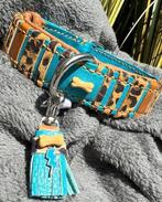 Halsband turquoise leer cognac nappa en panter deco 30-39 cm, Ophalen of Verzenden, Handgemaakt, Nieuw