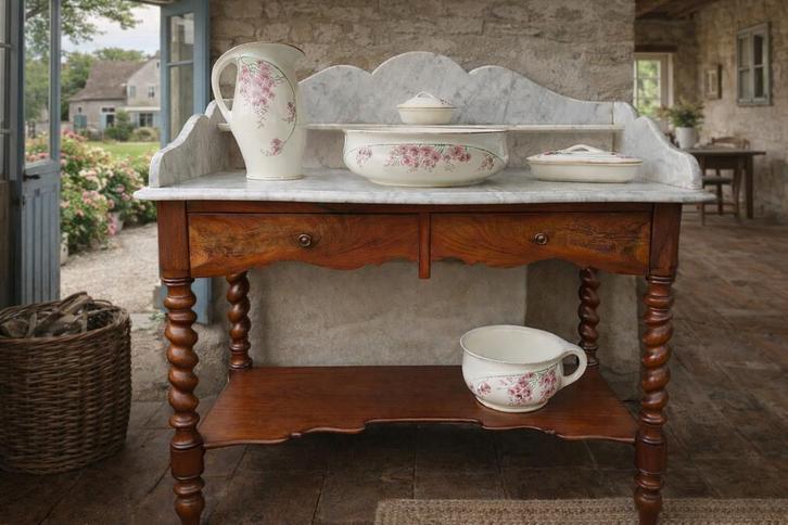 Prachtige antieke wastafel met lampet stel, Antiek en Kunst, Antiek | Meubels | Tafels, Ophalen