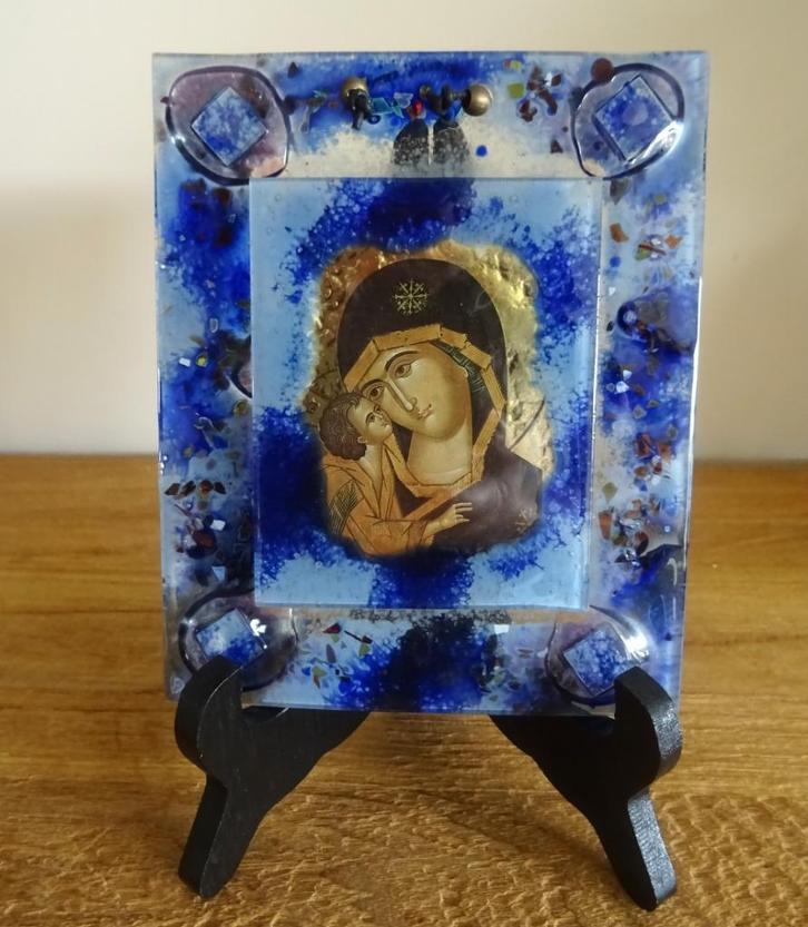 Glaskunst, glasfusing: icoon Onze-Lieve-Vrouw van Vladimir, Antiek en Kunst, Antiek | Religie, Verzenden