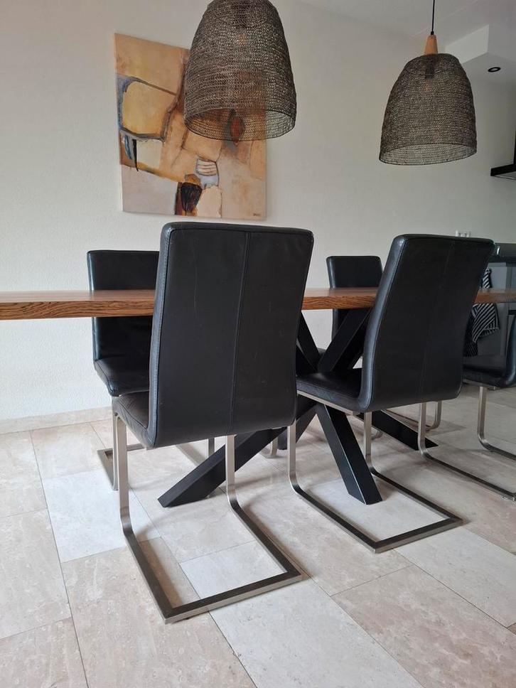 Leren eetkamerstoelen- 6 stuks, Huis en Inrichting, Stoelen, Gebruikt, Vijf, Zes of meer stoelen, Leer, Metaal, Zwart, Ophalen