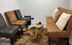 Robuuste industriële eetbank bank cognac 160cm met 3 stoelen, Minder dan 75 cm, 150 tot 200 cm, Tweepersoons, Leer